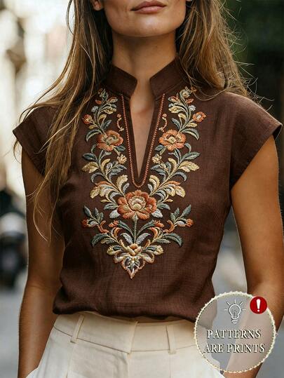 Balvessa Women's Spring/Summer New V-Neck Short Sleeve Top With Exquisite Floral Print, Casual And Elegant St