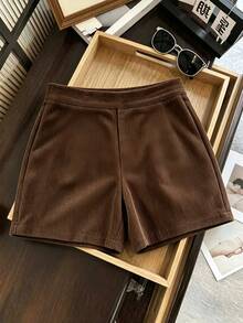 GlowEve CURVE Plus Size New Elegant Ribbed Corduroy Brown Versatile Fashion Shorts - Brown - View 1