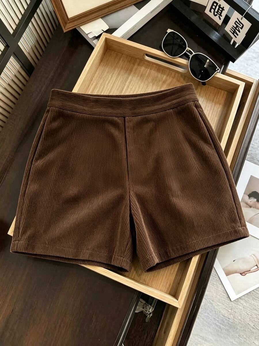 GlowEve CURVE Plus Size New Elegant Ribbed Corduroy Brown Versatile Fashion Shorts - Brown - View 1