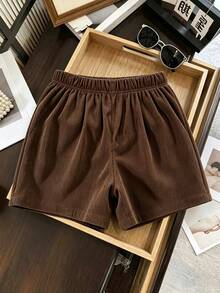 GlowEve CURVE Plus Size New Elegant Ribbed Corduroy Brown Versatile Fashion Shorts - Brown - View 2