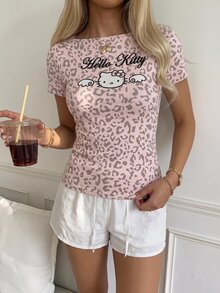 CovetEZ HELLO KITTY AND FRIENDS | SHEIN 女款卡通圖案豹紋短袖T恤，度假街頭風 - 彩色 - 查看 3