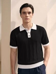 Manfinity CityGents 男士新款歐美博主風成熟休閒套頭針織上衣，黑白配色拼色 Polo 領，老錢風 - 黑色 - 查看 3