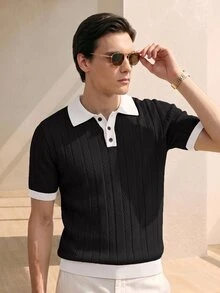 Manfinity CityGents 男士新款歐美博主風成熟休閒套頭針織上衣，黑白配色拼色 Polo 領，老錢風 - 黑色 - 查看 4