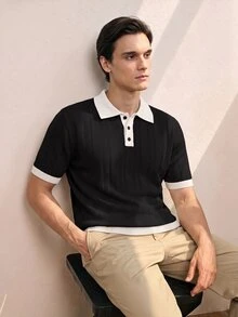Manfinity CityGents 男士新款歐美博主風成熟休閒套頭針織上衣，黑白配色拼色 Polo 領，老錢風 - 黑色 - 查看 6