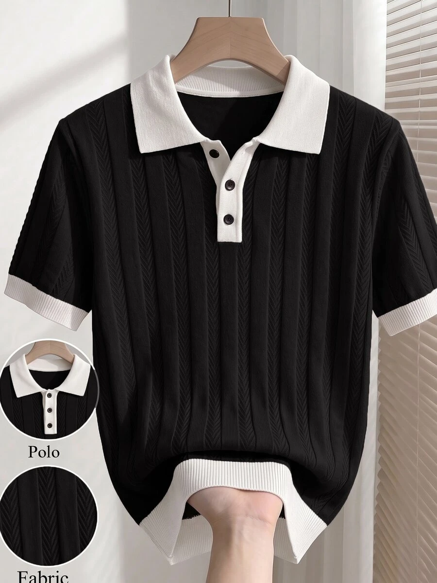 Manfinity CityGents 男士新款歐美博主風成熟休閒套頭針織上衣,黑白配色拼色 Polo 領,老錢風 - 黑色 - 查看 1
