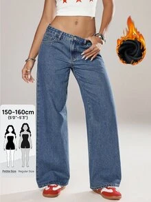SHEIN PETITE بنطلون جينز نسائي كاجوال للشارع متعدد الاستخدامات للسفر اليومي مع جيوب وأزرار للخروج اليومي باللون الأزرق للخريف - أزرق متوسط - مشاهدة 1