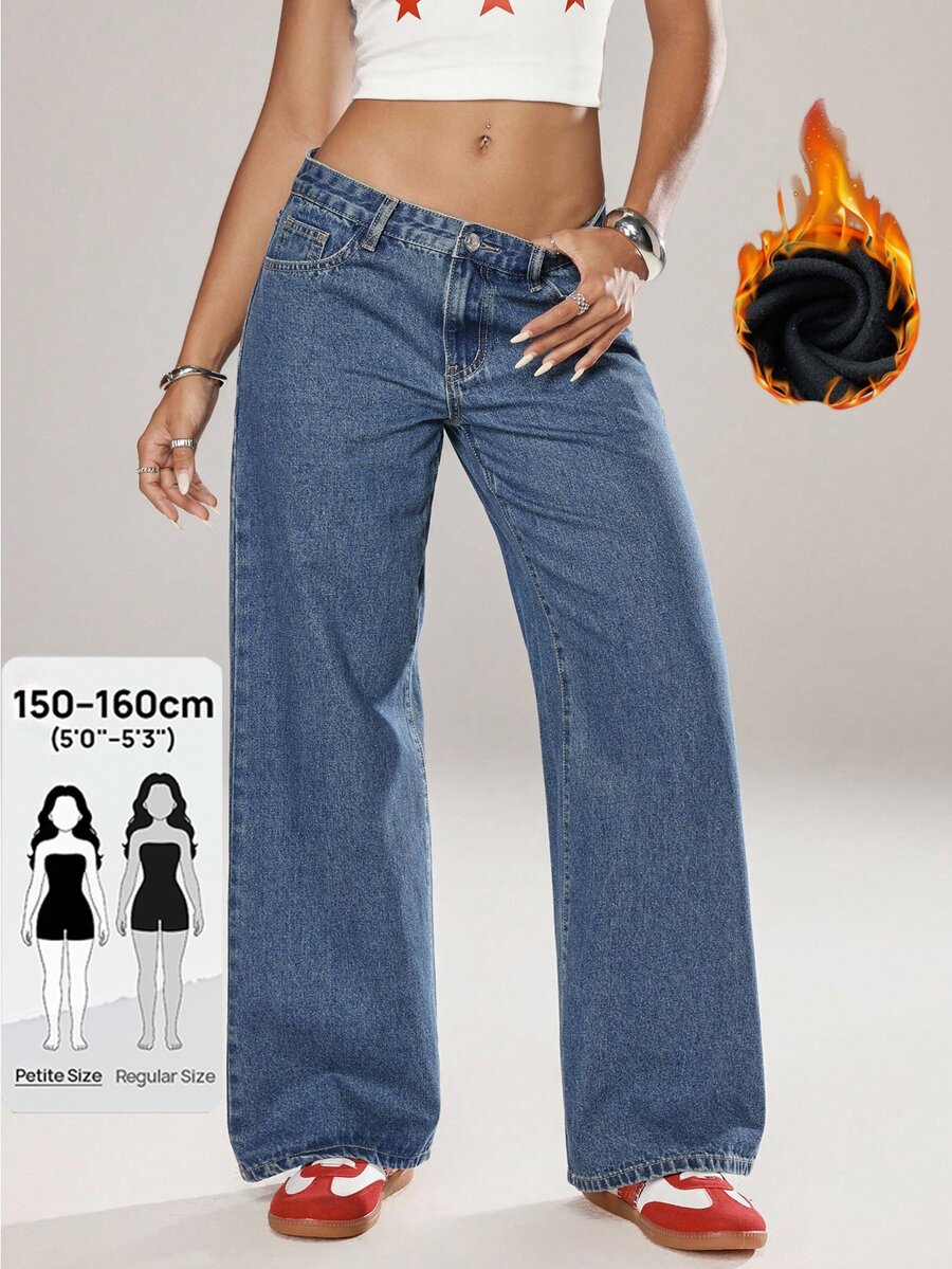 SHEIN PETITE بنطلون جينز نسائي كاجوال للشارع متعدد الاستخدامات للسفر اليومي مع جيوب وأزرار للخروج اليومي باللون الأزرق للخريف - أزرق متوسط - مشاهدة 1