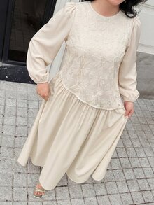 Feyla 大尺碼女款提花圓領百褶休閒浪漫優雅派對早茶早午餐正式晚宴婚禮白色秋季洋裝 - 杏色 - 查看 6