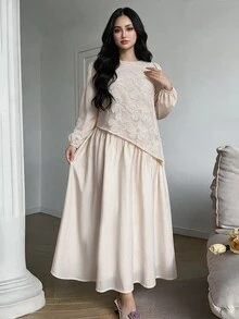 Feyla 大尺碼女款提花圓領百褶休閒浪漫優雅派對早茶早午餐正式晚宴婚禮白色秋季洋裝 - 杏色 - 查看 1
