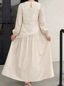 Feyla 大尺碼女款提花圓領百褶休閒浪漫優雅派對早茶早午餐正式晚宴婚禮白色秋季洋裝 - 杏色 - 查看 2