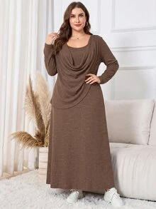 Lacomfia Minimalist Solid Color Ribbed Cowl Neck Long Sleeve Cinched Waist A-Line Regular Fit Plus Size Dress For Spring And Autumn - Brown - View 1