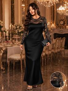 Cravure Women's Elegant Sexy Autumn/Winter Black Round Neck Floral Lace Patchwork Elastic Fitted Hem Mermaid Tail Dress For Party Dinner And Halloween Fall - Black - View 1