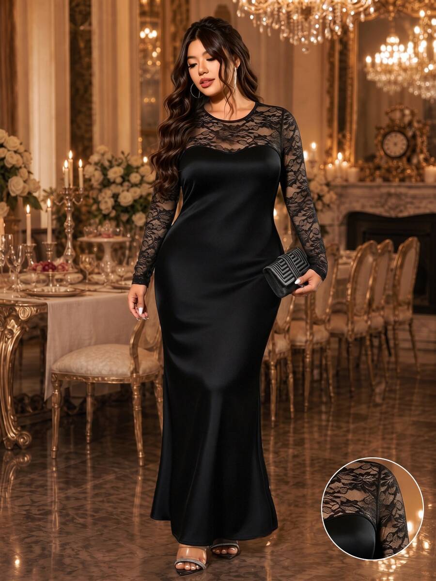 Cravure Women's Elegant Sexy Autumn/Winter Black Round Neck Floral Lace Patchwork Elastic Fitted Hem Mermaid Tail Dress For Party Dinner And Halloween Fall - Black - View 1