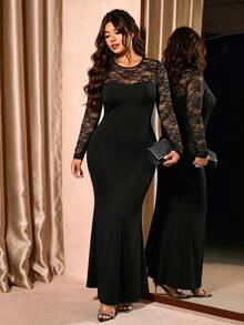 Cravure Women's Elegant Sexy Autumn/Winter Black Round Neck Floral Lace Patchwork Elastic Fitted Hem Mermaid Tail Dress For Party Dinner And Halloween Fall - Black - View 4