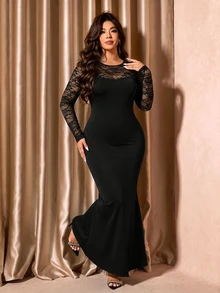Cravure Women's Elegant Sexy Autumn/Winter Black Round Neck Floral Lace Patchwork Elastic Fitted Hem Mermaid Tail Dress For Party Dinner And Halloween Fall - Black - View 5