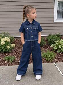 SHEIN Young Girls Spring Summer Autumn Fall Cotton Washed Versatile Fashion Casual Comfortable Loose Design Elastic Waist Baby Blue Denim Pants - Medium Wash - View 1