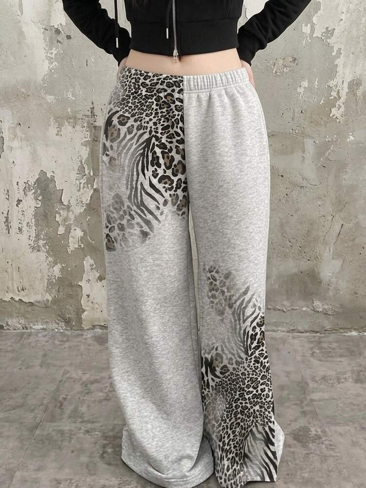 SHEIN Teen Girl Teen Girls Casual Streetwear Leopard Print Y2K Style Sweatpants Autumn/Winter, Back To School - Light Grey - View 7
