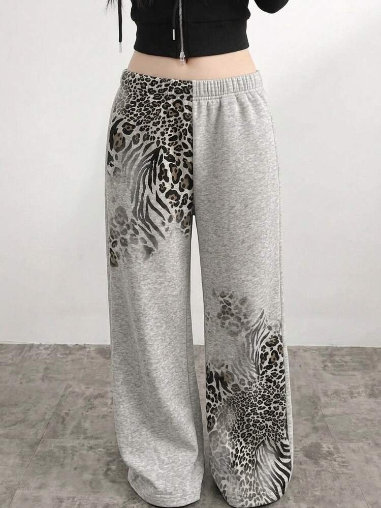 SHEIN Teen Girl Teen Girls Casual Streetwear Leopard Print Y2K Style Sweatpants Autumn/Winter, Back To School - Light Grey - View 8