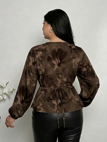 Firerie Brown Tie-Dye Floral Plus Size Shirt Suitable For Autumn/Winter Fall - Multicolor - View 2