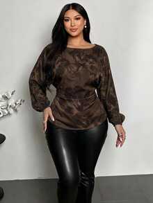 Firerie Brown Tie-Dye Floral Plus Size Shirt Suitable For Autumn/Winter Fall - Multicolor - View 1