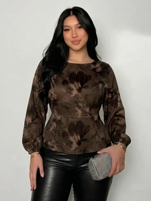 Firerie Brown Tie-Dye Floral Plus Size Shirt Suitable For Autumn/Winter Fall - Multicolor - View 6