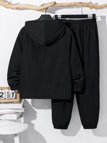 SHEIN طقم 2 قطعة للأولاد المراهقين - جاكيت بغطاء رأس وسحاب وبنطال برباط، أسلوب رياضي كاجوال للخريف/الشتاء - متعدد الألوان - مشاهدة 2