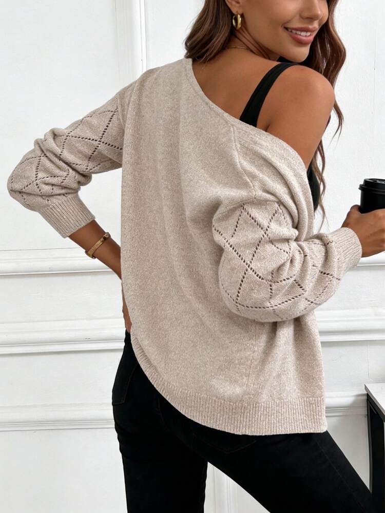 EMERY ROSE Light Peach Casual Loose Fit Long Sleeve Knit Cardigan, Commuting Style, Spring/Autumn - Apricot - View 2