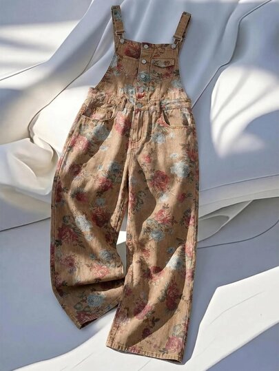 SHEIN MOD Women's Floral Print Denim Overalls Jumpsuits For Women Rompers For Women Summer Overalls For Women Jumpers And Rompers Women Romper For Women