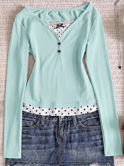 Teen Girl Teen Girls Knitted Royal Patchwork Polka Dot Casual Long Sleeve T-Shirt