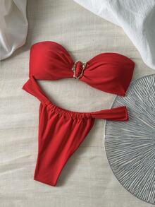 SHEIN Swim Women Spring Break Summer Solid Color Metal Strapless Bandeau Top & Thong Bikini Set, Sexy Swimwear - Red - View 6