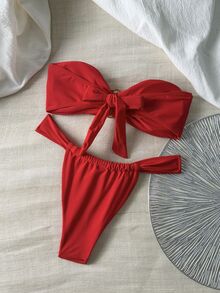 SHEIN Swim Women Spring Break Summer Solid Color Metal Strapless Bandeau Top & Thong Bikini Set, Sexy Swimwear - Red - View 2