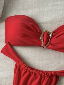 SHEIN Swim Women Spring Break Summer Solid Color Metal Strapless Bandeau Top & Thong Bikini Set, Sexy Swimwear - Red - View 3