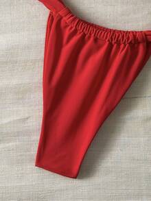 SHEIN Swim Women Spring Break Summer Solid Color Metal Strapless Bandeau Top & Thong Bikini Set, Sexy Swimwear - Red - View 4