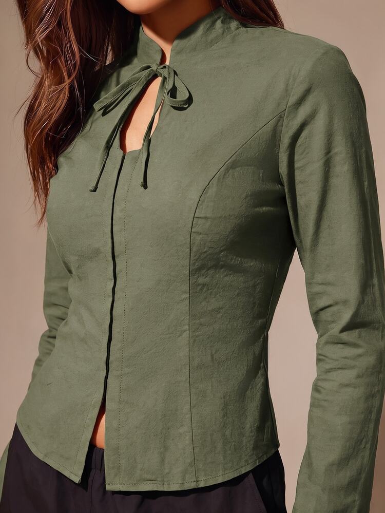 Athîral Ladies' Casual New Chinese Oriental Elements Solid Color Stand Up Collar Long Sleeved Fitted Top With Tie Front Keyhole, Suitable For Autumn Street - Green - View 6