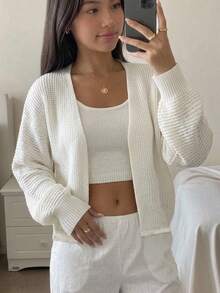 SHEIN Teen Girl Solid Color Casual Versatile Daily Long Sleeve Cardigan Farewell White Autumn - White - View 2