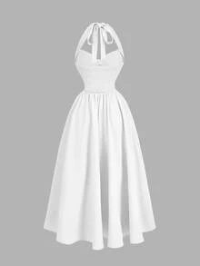 Skyraze Women's Halter Neck Ruched Bow Swing Dress,White,Summer,Elegant,Tea Party Princess Outfits For Masquerade Ball,Birthday,New Year & Fall Wedding - White - View 3