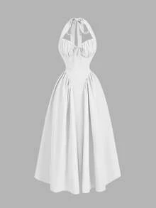 Skyraze Women's Halter Neck Ruched Bow Swing Dress,White,Summer,Elegant,Tea Party Princess Outfits For Masquerade Ball,Birthday,New Year & Fall Wedding - White - View 7