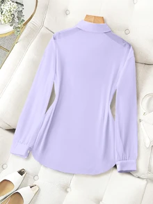 Franclia Turn-Down Collar Basic Sheer Solid Color Minimalist Casual Simple Elegant Shirt Brunch Light Purple Summer - Mauve Purple - View 2