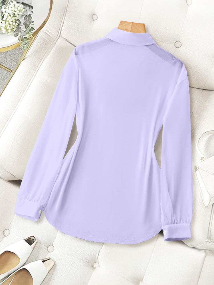 Franclia Turn-Down Collar Basic Sheer Solid Color Minimalist Casual Simple Elegant Shirt Brunch Light Purple Summer - Mauve Purple - View 2