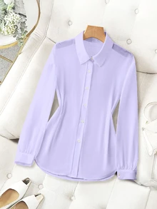 Franclia Turn-Down Collar Basic Sheer Solid Color Minimalist Casual Simple Elegant Shirt Brunch Light Purple Summer - Mauve Purple - View 3