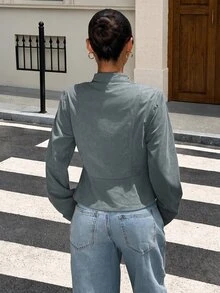 Muchica 女款純色鉚釘裝飾拉鍊休閒百搭日常旅行長袖夾克 - 淺藍色 - 查看 2