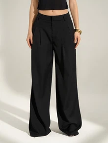 SHEIN Tall CURVE Plus Size Street Elegant Casual Solid Color Pleated Pocket Pants, Versatile For Daily Wear Autumn Office Formal Black - Black - View 4