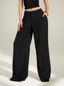 SHEIN Tall CURVE Plus Size Street Elegant Casual Solid Color Pleated Pocket Pants, Versatile For Daily Wear Autumn Office Formal Black - Black - View 6