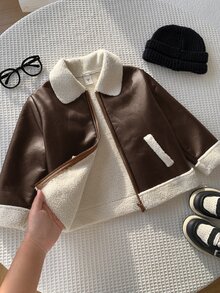 SHEIN 兒童小男孩加厚棉襖冬外套 PU 夾克 抓絨加厚 秋冬衣款 拼接黑色皮革機車夾克 - 棕色 - 查看 4