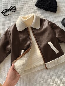 SHEIN 兒童小男孩加厚棉襖冬外套 PU 夾克 抓絨加厚 秋冬衣款 拼接黑色皮革機車夾克 - 棕色 - 查看 1