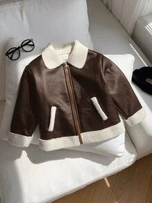 SHEIN 兒童小男孩加厚棉襖冬外套 PU 夾克 抓絨加厚 秋冬衣款 拼接黑色皮革機車夾克 - 棕色 - 查看 3