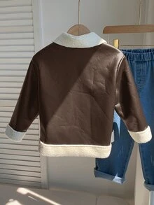 SHEIN 兒童小男孩加厚棉襖冬外套 PU 夾克 抓絨加厚 秋冬衣款 拼接黑色皮革機車夾克 - 棕色 - 查看 2