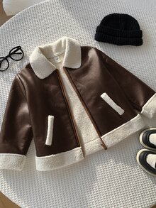 SHEIN 兒童小男孩加厚棉襖冬外套 PU 夾克 抓絨加厚 秋冬衣款 拼接黑色皮革機車夾克 - 棕色 - 查看 6