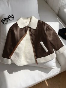 SHEIN 兒童小男孩加厚棉襖冬外套 PU 夾克 抓絨加厚 秋冬衣款 拼接黑色皮革機車夾克 - 棕色 - 查看 5