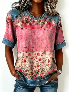 EMERY ROSE Women's Floral Print Patchwork Round Neck Short Sleeve T-Shirt - Blue - View 4